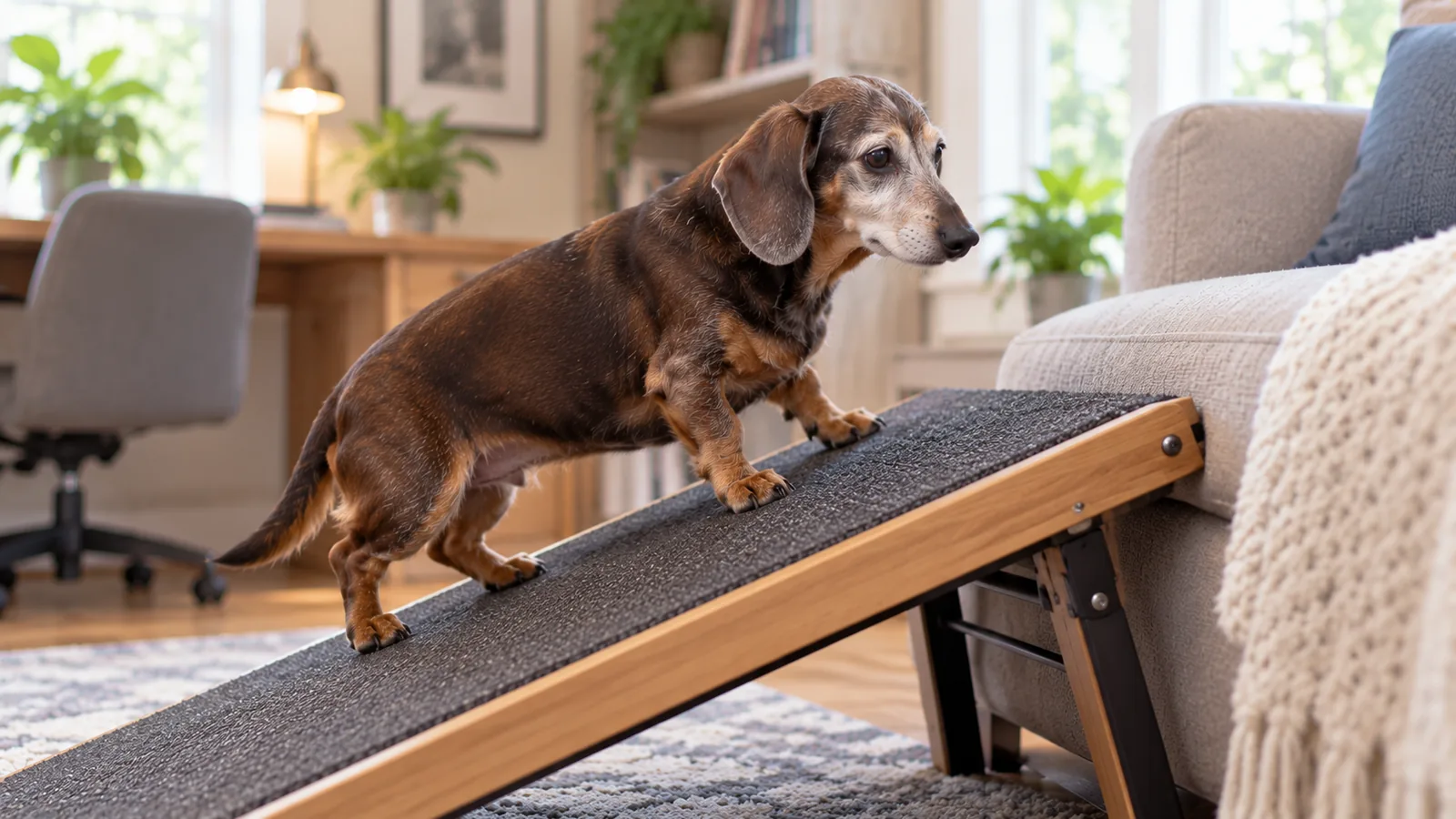 A grey-muzzled dachshund walking up a carpeted pet ramp onto a sofa in a living room.